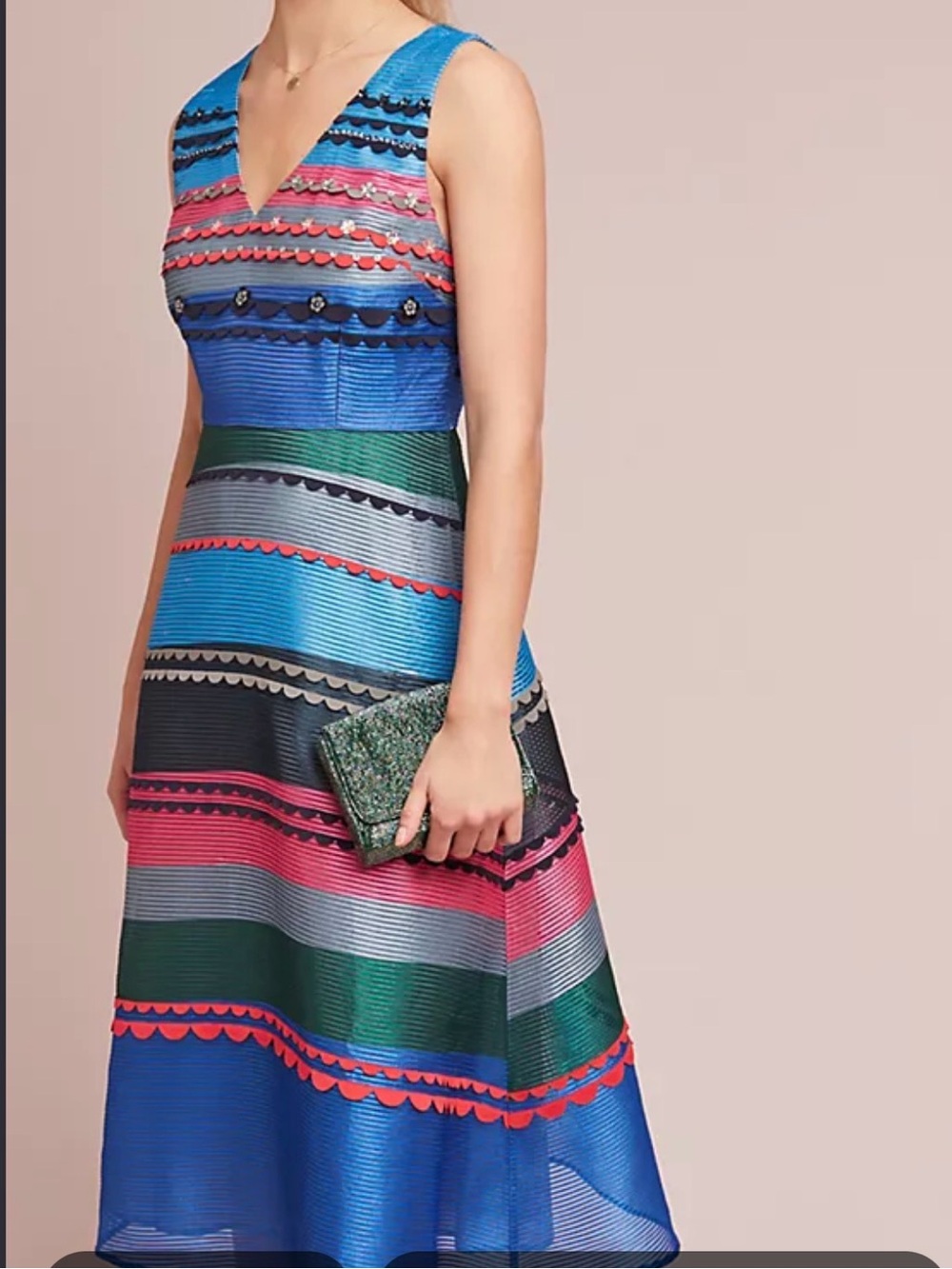 Anthropologie Prisma Striped Dress Pankaj & Nidhi Pleated Beaded Small